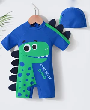 SAPS Birthday Dino Printed Legged Swimsuit With Cap - Blue & Green