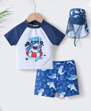 SAPS Shark Printed Two Piece Swimsuit With Cap - White & Blue