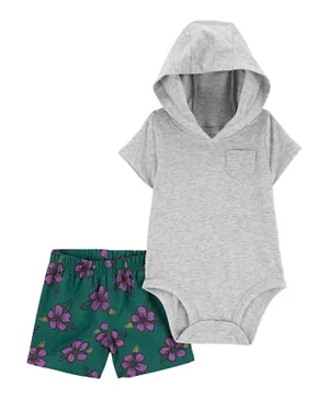 Carter's 2-Piece Hooded Bodysuit & Floral Short Set - Grey & Green