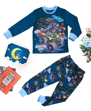 Babyqlo Cotton Stretch Monster Truck Glow-in-the-Dark Full Sleeves Graphic T-Shirt & All Over Printed Pyjama Set - Blue