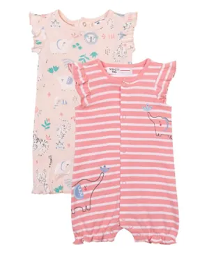Minoti 2-Pack Cotton Elephants  All Over Printed & Striped Ruffled Front Open Rompers - Pink