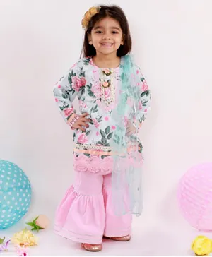 Little Bansi Full Sleeves Rose Printed Frock Style Kurta With Sharara & Dupatta - Pink
