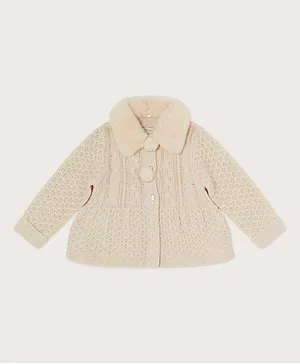 Monsoon Children Cable Knit Cardigan with Faux Fur Collar - Oatmeal