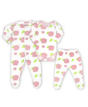 MOON Organic Baby 3 in 1 Romper Bodysuit with Jogger Rose Print - Pack of 3