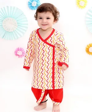 Little Bansi Zig Zig Zamna Style Full Sleeves Kurta With Dhoti - Yellow Red