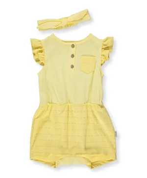 Bebetto Button Closure Frill Sleeves Romper with Headband - Yellow
