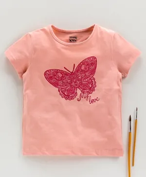 Uniq Kidz Half Sleeves Girls Butterfly Print T-shirt - Peach