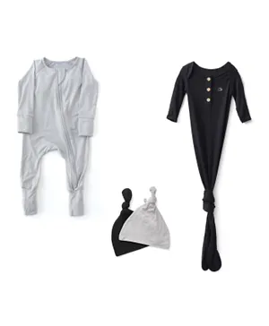 Anvi Baby Zipper Romper & Knotted Gown With 2 Caps - Black & Grey