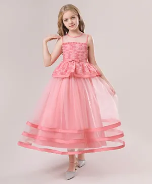 بيبكلو فستان حفلة طويل بتصميم طبقات الشبك - وردي