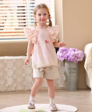 Smart Baby Flutter Sleeved Top With Shorts Set - Peach & Cream