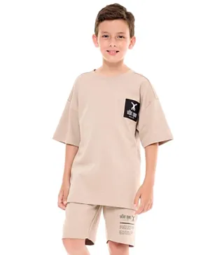 Victor and Jane Cotton Graphic Comfy Fit Half Sleeves T-Shirt & Shorts/Co-ord Set - Beige