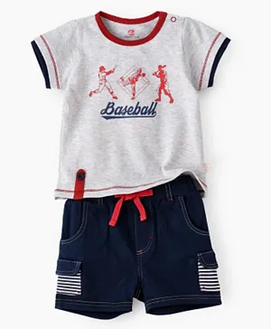 Tiny Hug Baseball Graphic T-shirt & Shorts Set - Grey & Blue