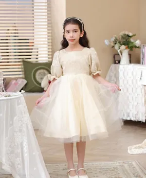 Le Crystal Tie-Up Belt Detailing Net Tulle Puff Sleeves  Party Dress - Off White