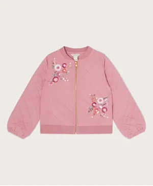 Monsoon Children Sequin Floral Woven Quilted Bomber Jacket - Pink