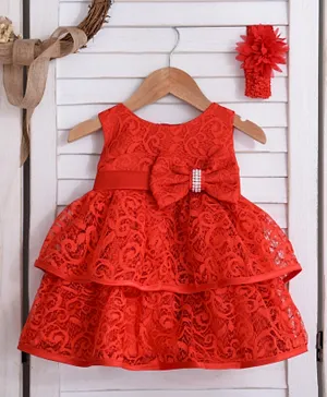 Babyqlo Lace Dress With Headband - Red