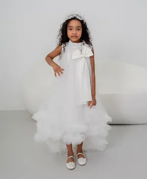 DDANIELA Big Bow At Front Tulle Long Tail Gown Dress - White