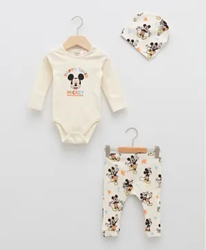 LC Waikiki Mickey Mouse Printed Long Sleeves Bodysuit with Pants Set - Cream
