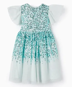 Zippy Embellished with Tulle and Sequins Dress - Turquoise