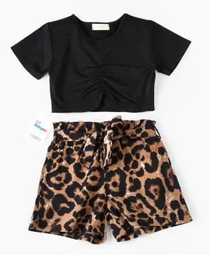 Babyqlo Top With Leopard Printed Shorts - Black
