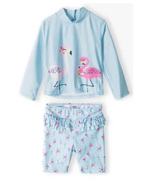 Minoti Flamingos Printed Rash Guard & Ruffled Swim Shorts Set - Light Blue