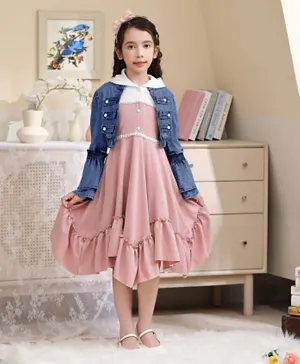 Le Crystal Asymmetrical Party Dress With Full Sleeved Denim Jacket - Pink & Blue