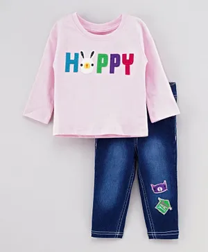 Babyhug Full Sleeves Tee With Denim Jeans Happy Patch - Pink Blue