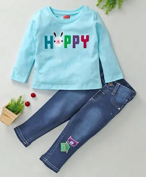 Babyhug Full Sleeves Tee With Denim Jeans Happy Patch - Blue
