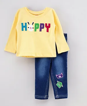 Babyhug Full Sleeves Tee With Denim Jeans Happy Patch - Yellow Blue