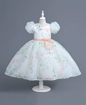 Babyqlo  Leaf & Flower Prints & Puffed Sleeves Knee Length Party Dress - Multicolor