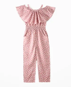 Jelliene All Over Polka Dots Print Off Shoulder Ruffled Jumpsuit - Pink