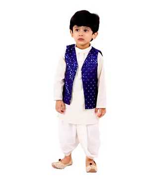 Little Bansi Full Sleeves Kurta With Mirror Work Jacket & Dhoti - Cream