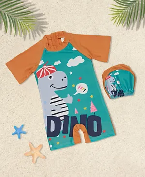 Babyqlo Dino On The Beach Printed Swimsuit With Cap - Multicolor