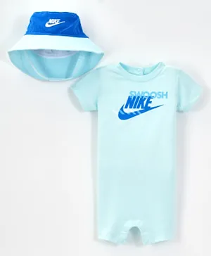 Nike Swoosh Graphic Romper and Bucket Hat Set - Glacier Blue