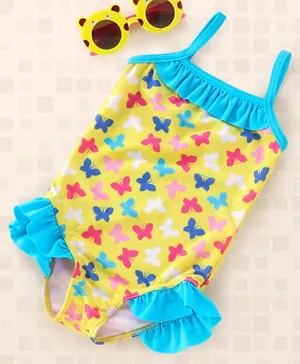 Babyhug Sleeveless V Cut Swimsuit Allover Print - Yellow Blue