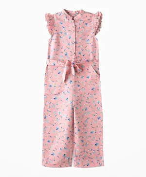 Jelliene All Over Floral Print Tie Belt Detail Frilled Jumpsuit - Pink