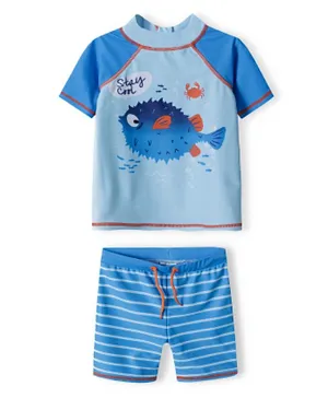 Minoti Puffer Fish Graphic Rash Top & Striped Swim Shorts Set - Blue
