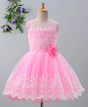 Babyhug Sleeveless Embroidered Fit & Flare Party Wear Frock - Pink