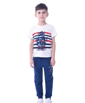 Victor and Jane Ship Graphic T-Shirt & Shorts Set - White & Blue