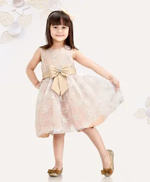 Mark & Mia Sleeveless Embroidered Party Frock Bow Design - Cream
