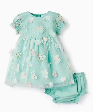 Zippy Embellished with Tulle & Flowers Dress with Bloomers - Green