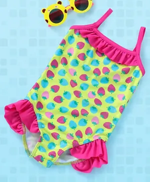 Babyhug Sleeveless V Cut Swimsuit Allover Strawberries Print - Pink Green