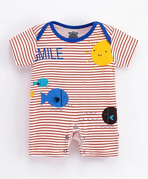 Mini Taurus Half Sleeves Stripe Romper Fish Embroidery - White Blue