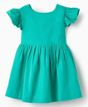Zippy Solid Flutter Sleeves Cotton Dress - Green