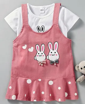 Meng Wa Frock With Short Sleeves Inner Tee Bunny Print - Peach