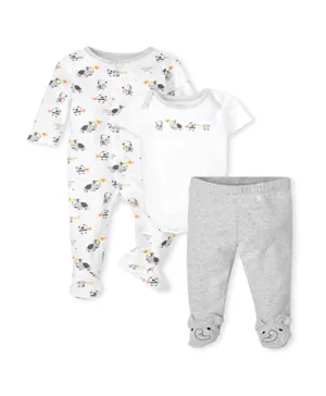 The Children's Place 3 Pc Animals Sleepsuit Bodysuit with Pants Set - White