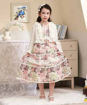 Le Crystal Girl Flower Printed  Party Dress With Ruffle Neck Jacket ,  Multi/Cream - W23GEGDG22532