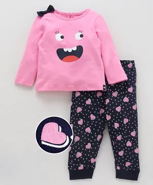 Babyoye Full Sleeves Printed Night Suit Bow Applique - Pink Blue