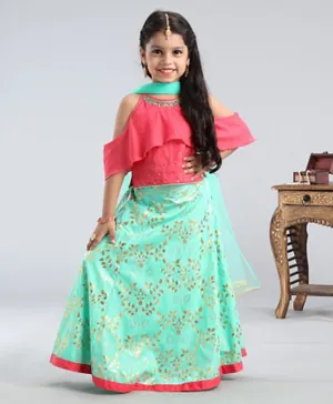 Babyhug Sleeveless Embellished Choli & Floral Print Lehenga With Dupatta - Pink Mint