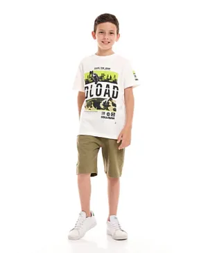 Victor and Jane Dload Graphic T-Shirt & Shorts Set - Off White & Olive