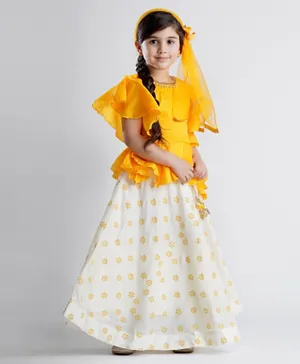 Babyhug Half Sleeves Choli With Lehenga & Dupatta Floral Print - Mustard Yellow